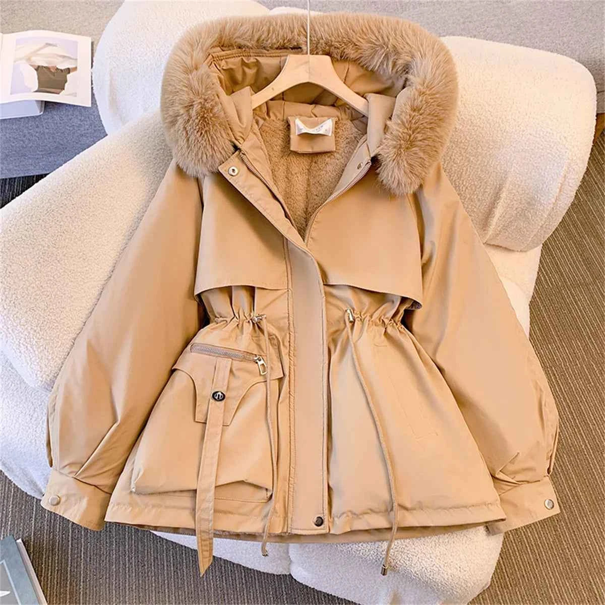 Women’s Korean Hooded Drawstring Padded Jacket – Casual Zip-Up Parka