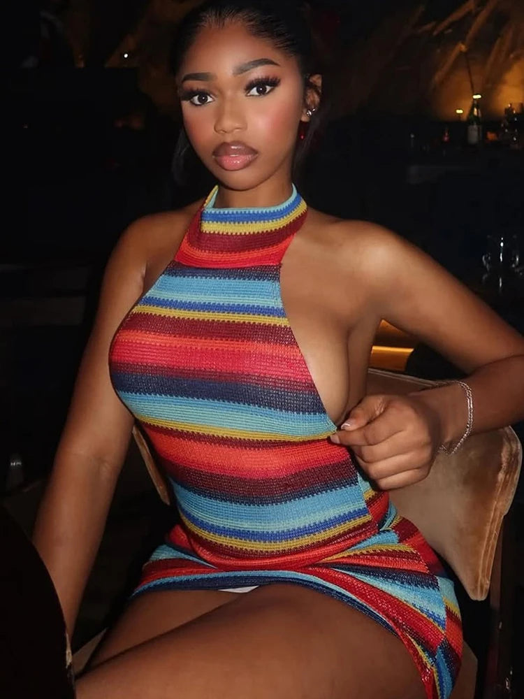 DCDG Stripe Patchwork Halter Mini Dress (Women’s Backless Bodycon Dress)