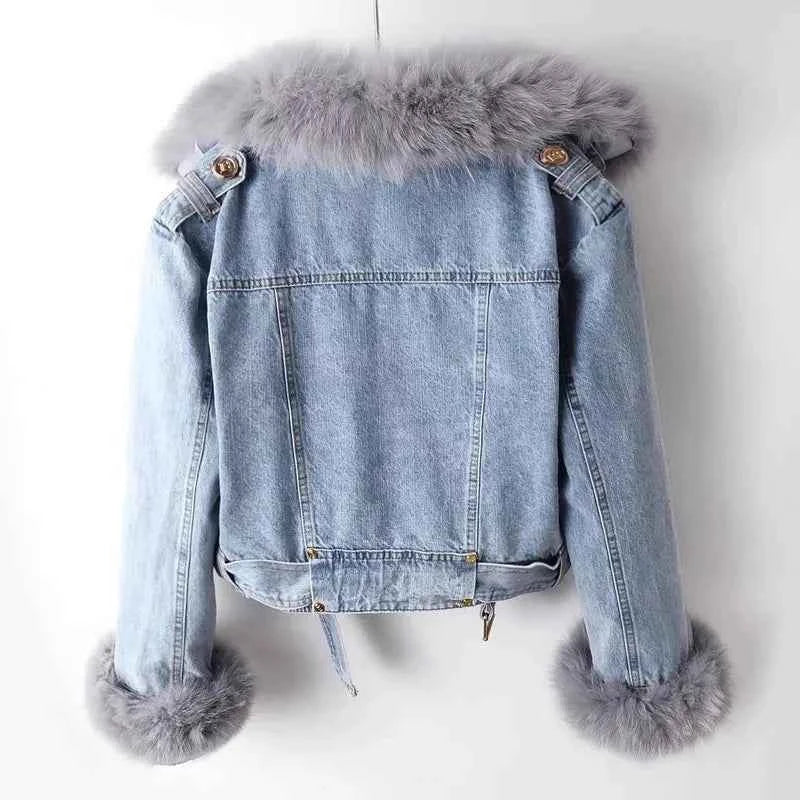 Women’s Faux Fox Fur Collar Jean Coat – Warm Rabbit Hair Lined Winter Jacket