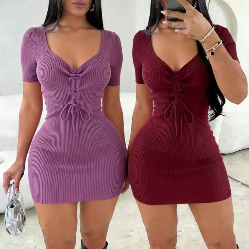 Ribbed Lace-Up Sweater Mini Dress (Women’s Bodycon V-Neck Dress)