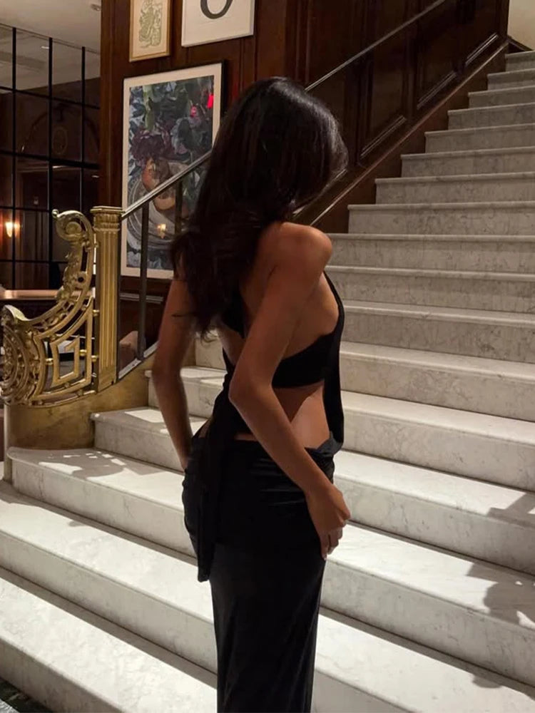 Vestido Maxi Bodycon Escotado en la Espalda con Escote en V Profundo (Vestido de Noche Halter Negro para Mujer)