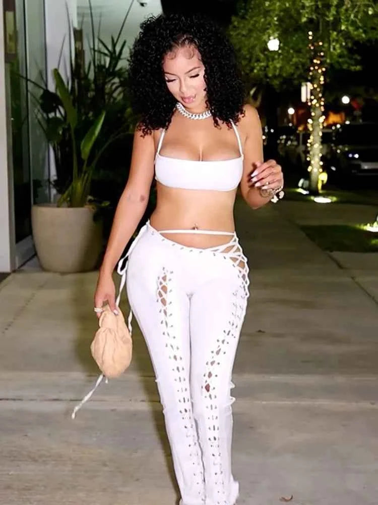 Halter Knit 2-Piece Set (Women’s Sleeveless Top & Hollow Detail Pants)