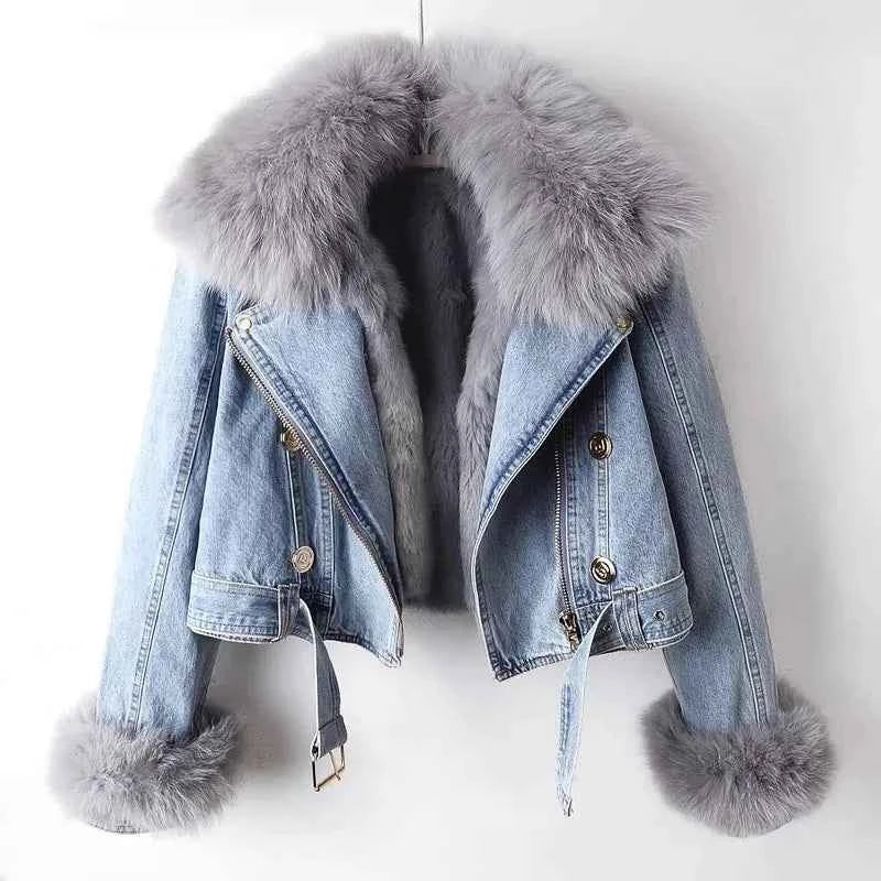 Women’s Faux Fox Fur Collar Jean Coat – Warm Rabbit Hair Lined Winter Jacket