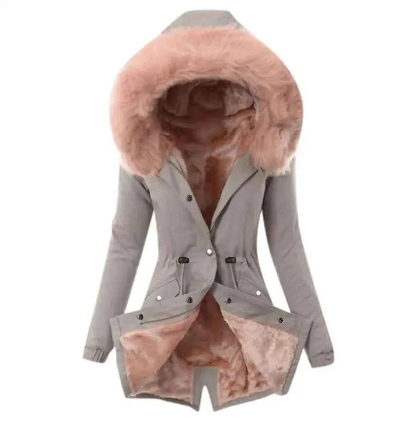 Women’s Slim Fit Hooded Fur Collar Jacket – Winter Office Style (8 Colors)