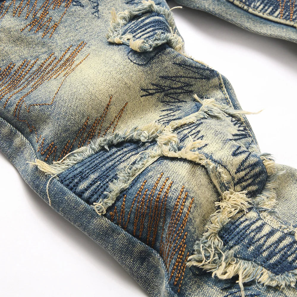 Vaqueros de hombre ajustados con pernera acampanada y retazos – Denim elástico estilo urbano