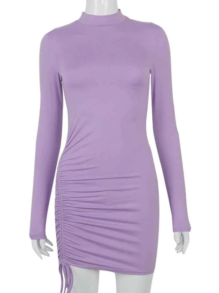 Long Sleeve Ruched Bodycon Mini Dress – Turtleneck Clubwear