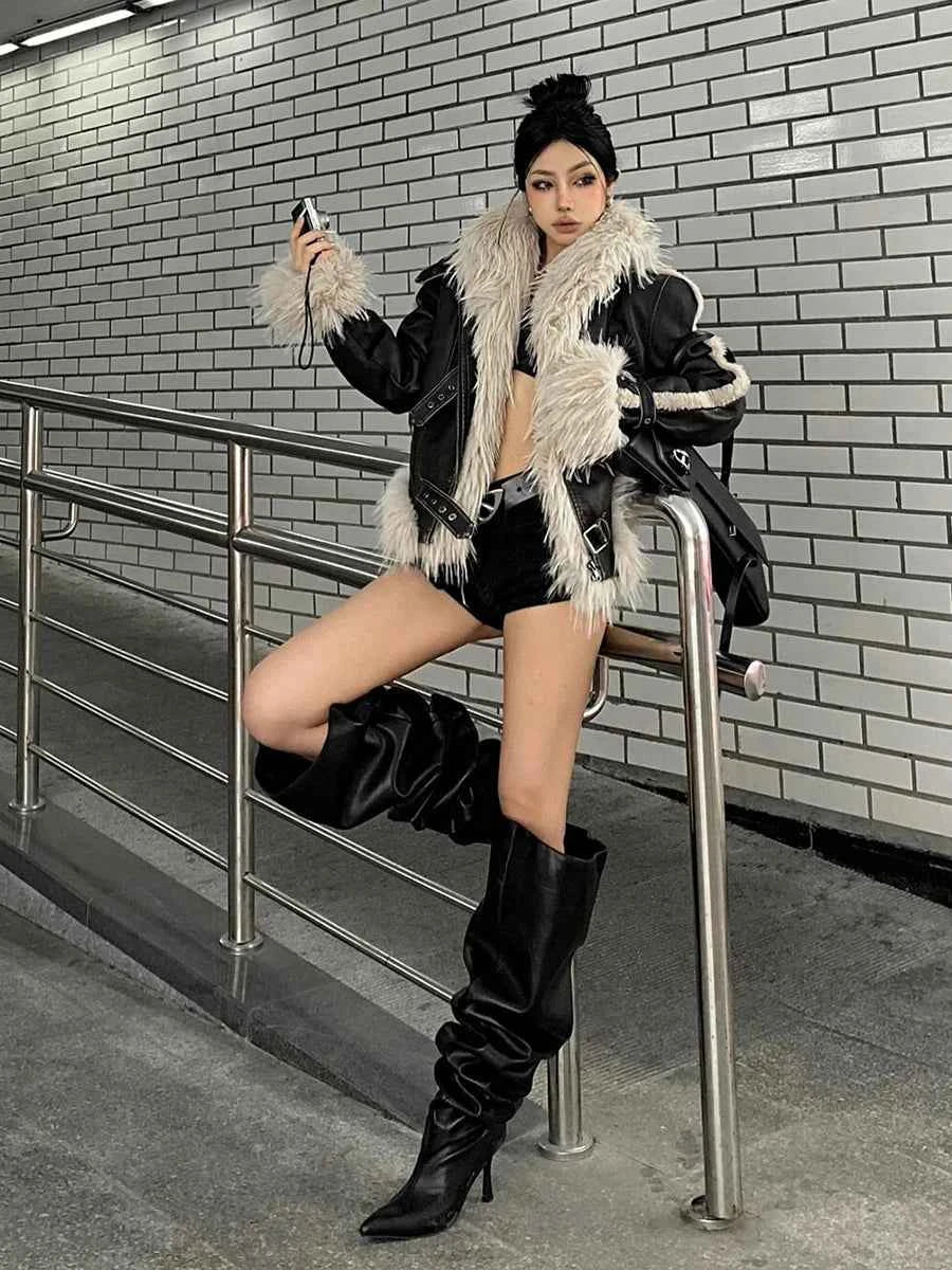 REDDA CHiC Faux Fur Collar Belted Leather Bomber Jacket – Women’s Biker Moto Streetwear Coat