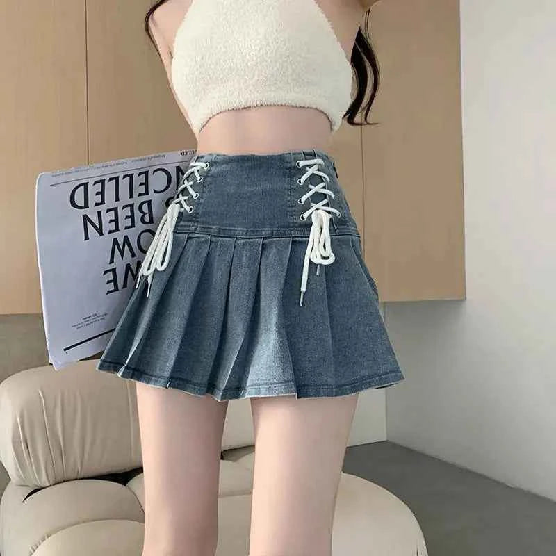 Lace-Up Denim Pleated Mini Skirt (Women’s High Waist Streetwear Skirt)