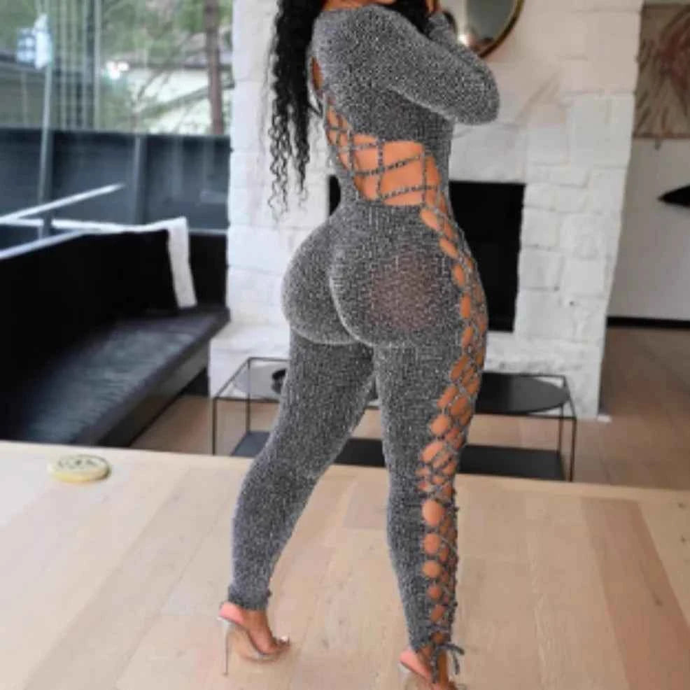 Sexy **Luxe Lace Up Leather Hollow Jumpsuits **