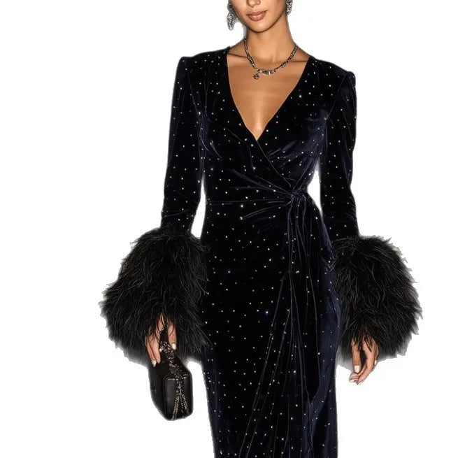 Velvet Rhinestone Long Sleeve Midi Dress with Feather Cuffs – Elegant Party & Cocktail Dress