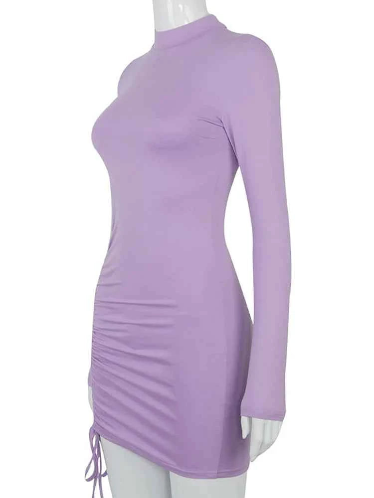 Long Sleeve Ruched Bodycon Mini Dress – Turtleneck Clubwear