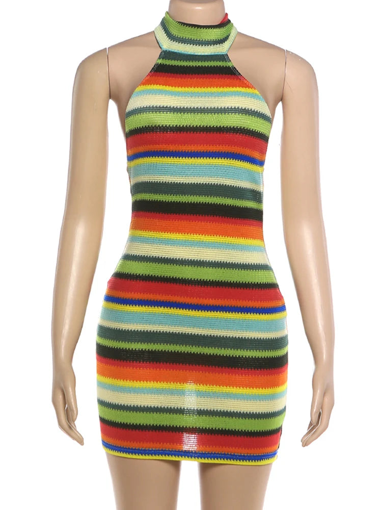 DCDG Stripe Patchwork Halter Mini Dress (Women’s Backless Bodycon Dress)