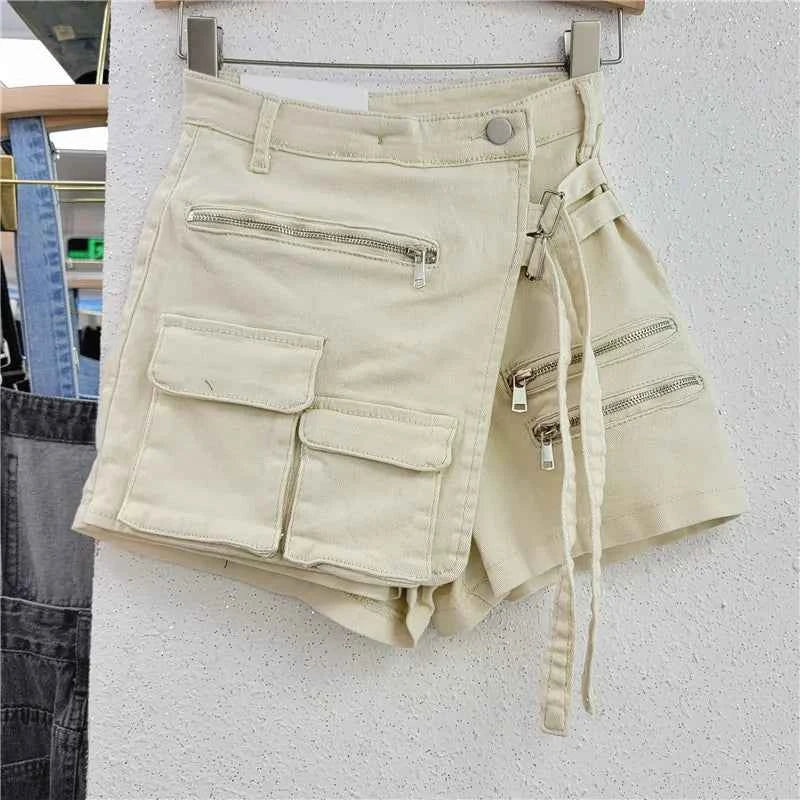 High-Waist Asymmetrical Denim Skort (Women’s Y2K Cargo Shorts Skirt)