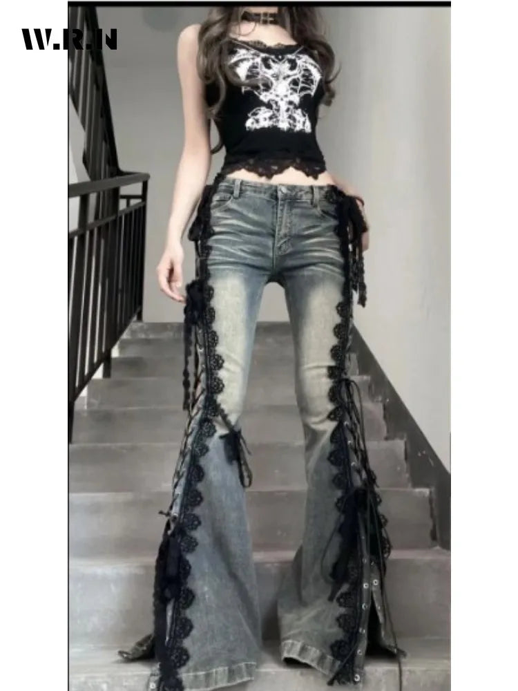 Vaqueros acampanados con cordones Y2K para mujer | Estilo urbano retro de tiro alto y pierna ancha
