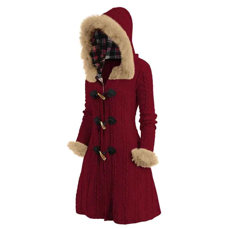 Dressfo Women’s Hooded Cable Knit Coat – Winter Plaid & Faux Fur Panel