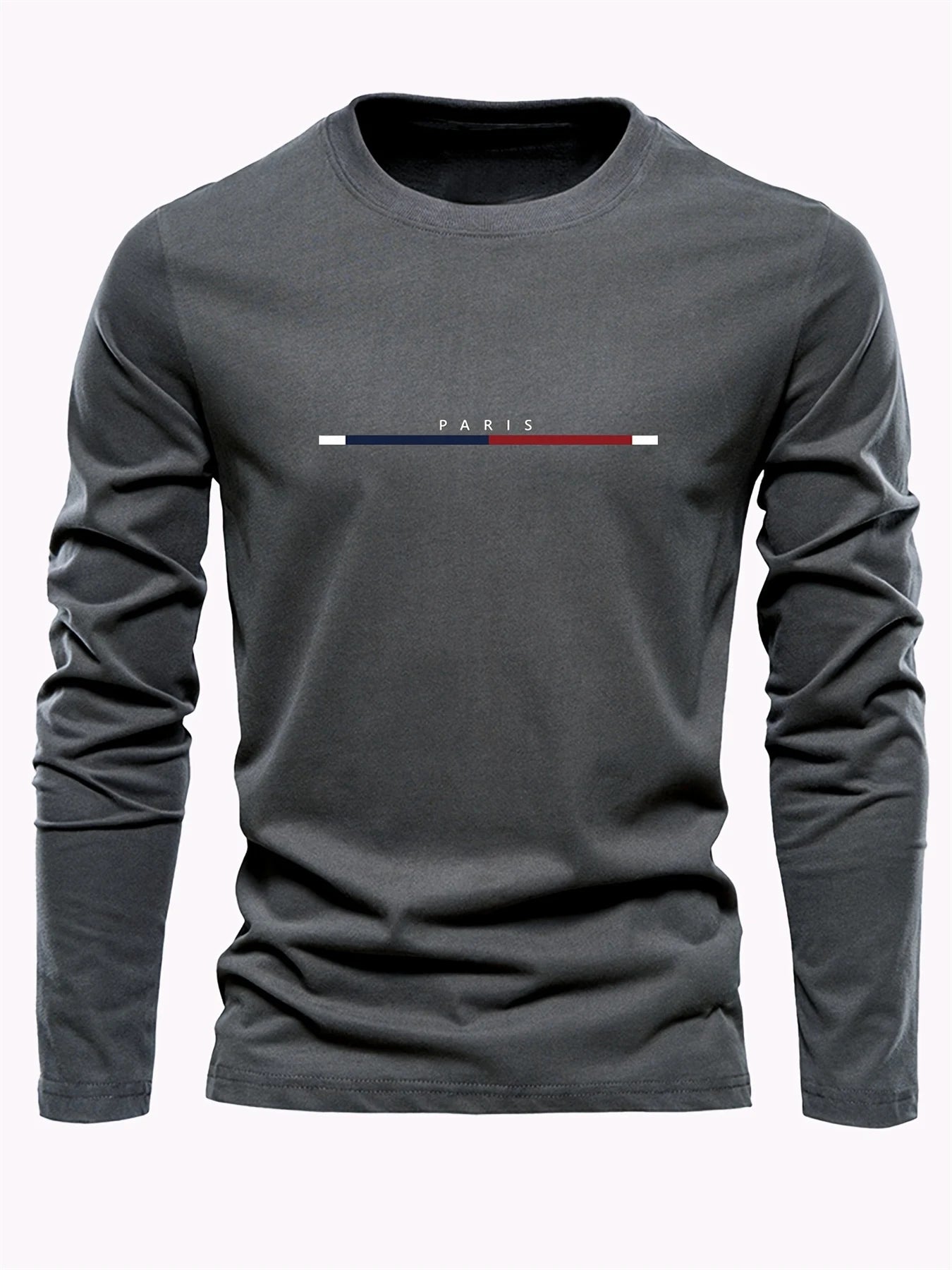 Camiseta de manga larga estampada con letras de París para hombre - 100% algodón, informal y cómoda