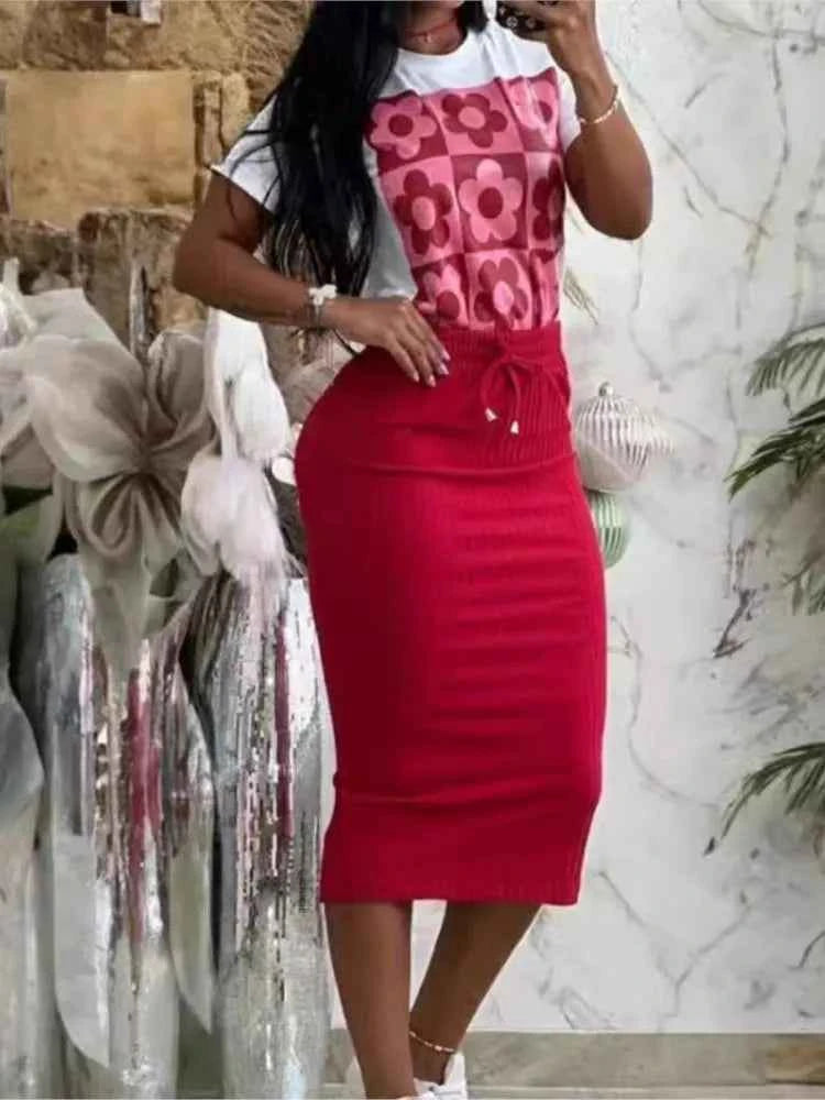 Printed Top & Midi Skirt Set (Women’s Casual Elegant 2-Piece Outfit)