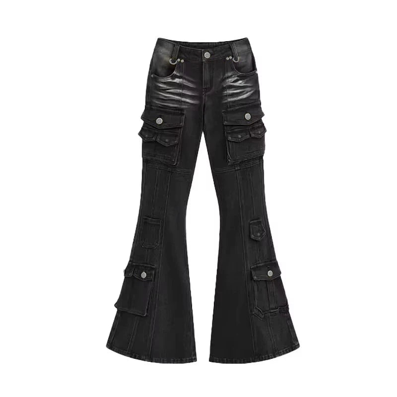 Vaqueros Cargo de Mujer de Talle Bajo | Estilo Distressed Acampanados Retro Urbano.