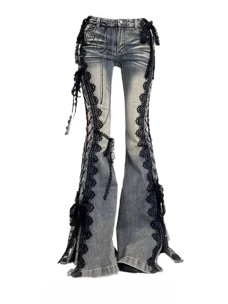 Vaqueros acampanados con cordones Y2K para mujer | Estilo urbano retro de tiro alto y pierna ancha