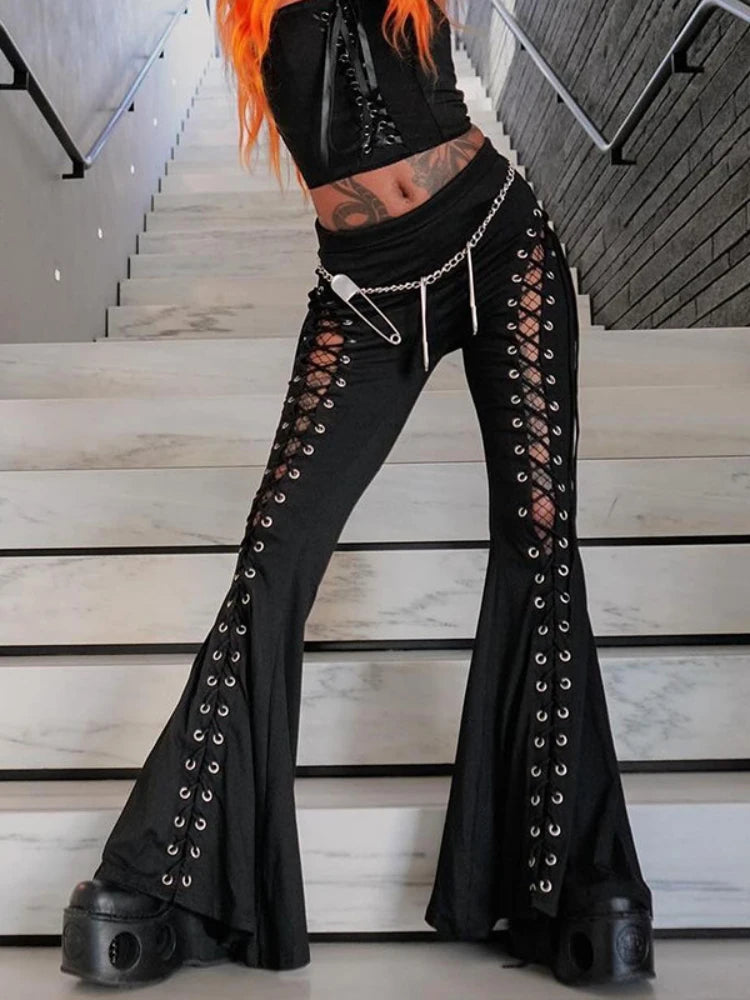 Pantalones Acampanados de Encaje Calado con Cordones (Leggings Góticos Urbanos para Mujer)