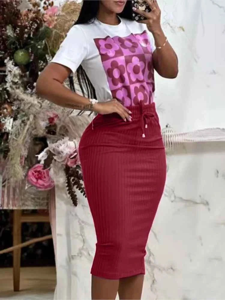 Printed Top & Midi Skirt Set (Women’s Casual Elegant 2-Piece Outfit)