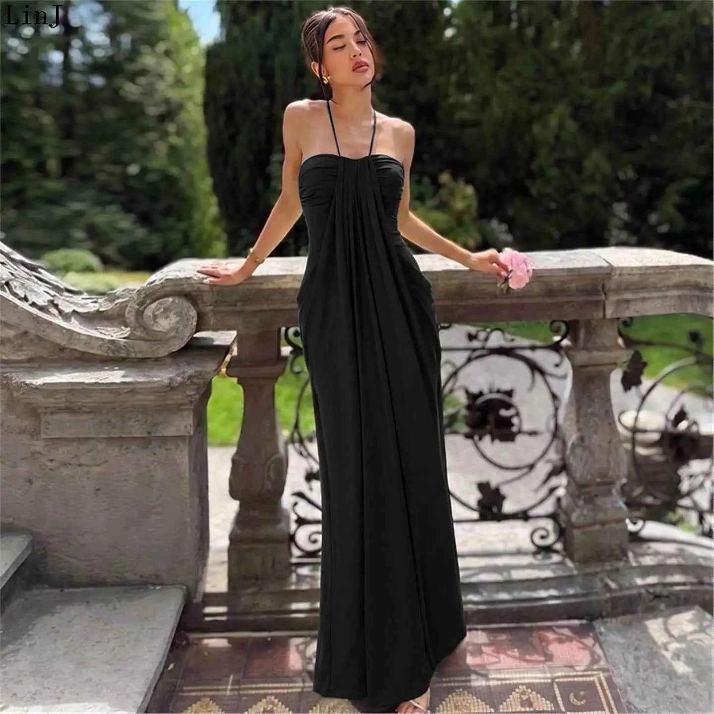 Azure Sunset Maxi Dress | Backless Halter Draped Summer Vacation Dress for Women