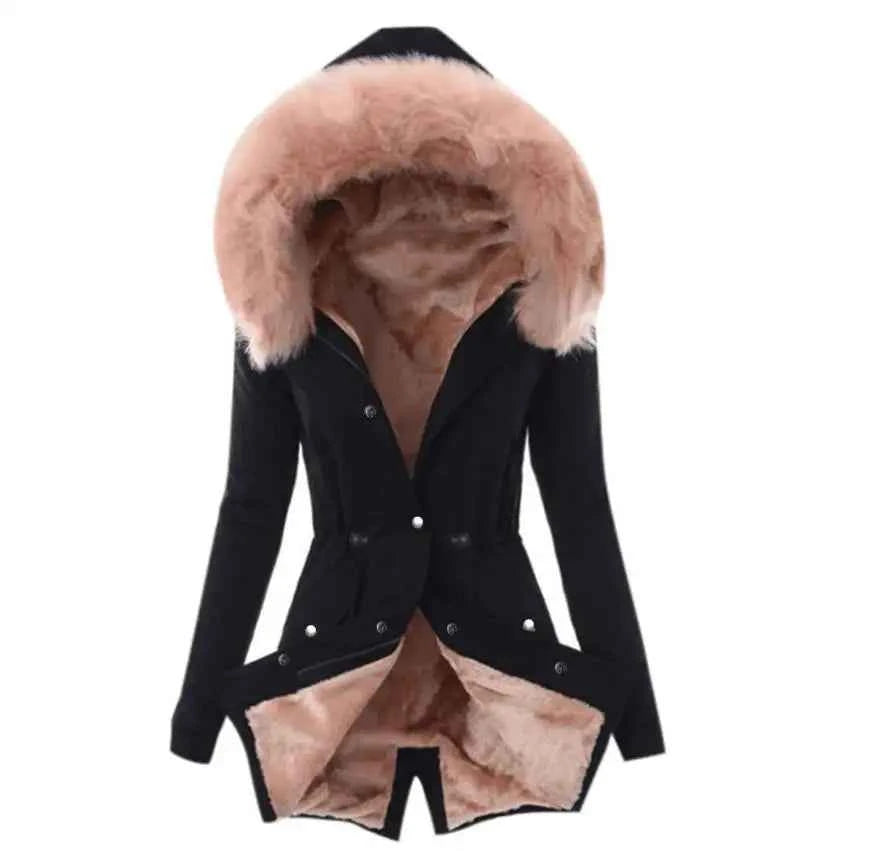 Women’s Slim Fit Hooded Fur Collar Jacket – Winter Office Style (8 Colors)