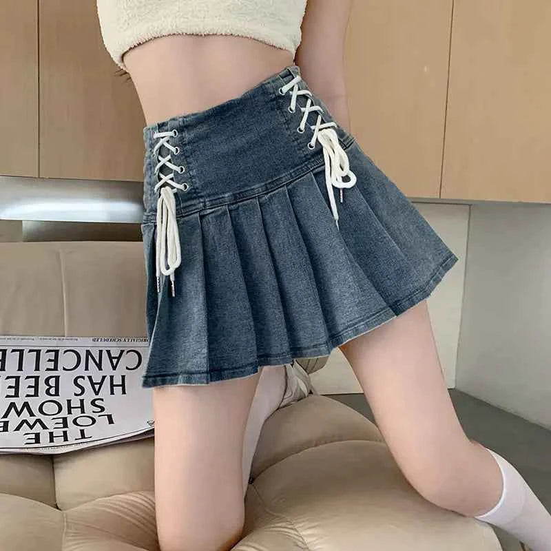 Lace-Up Denim Pleated Mini Skirt (Women’s High Waist Streetwear Skirt)