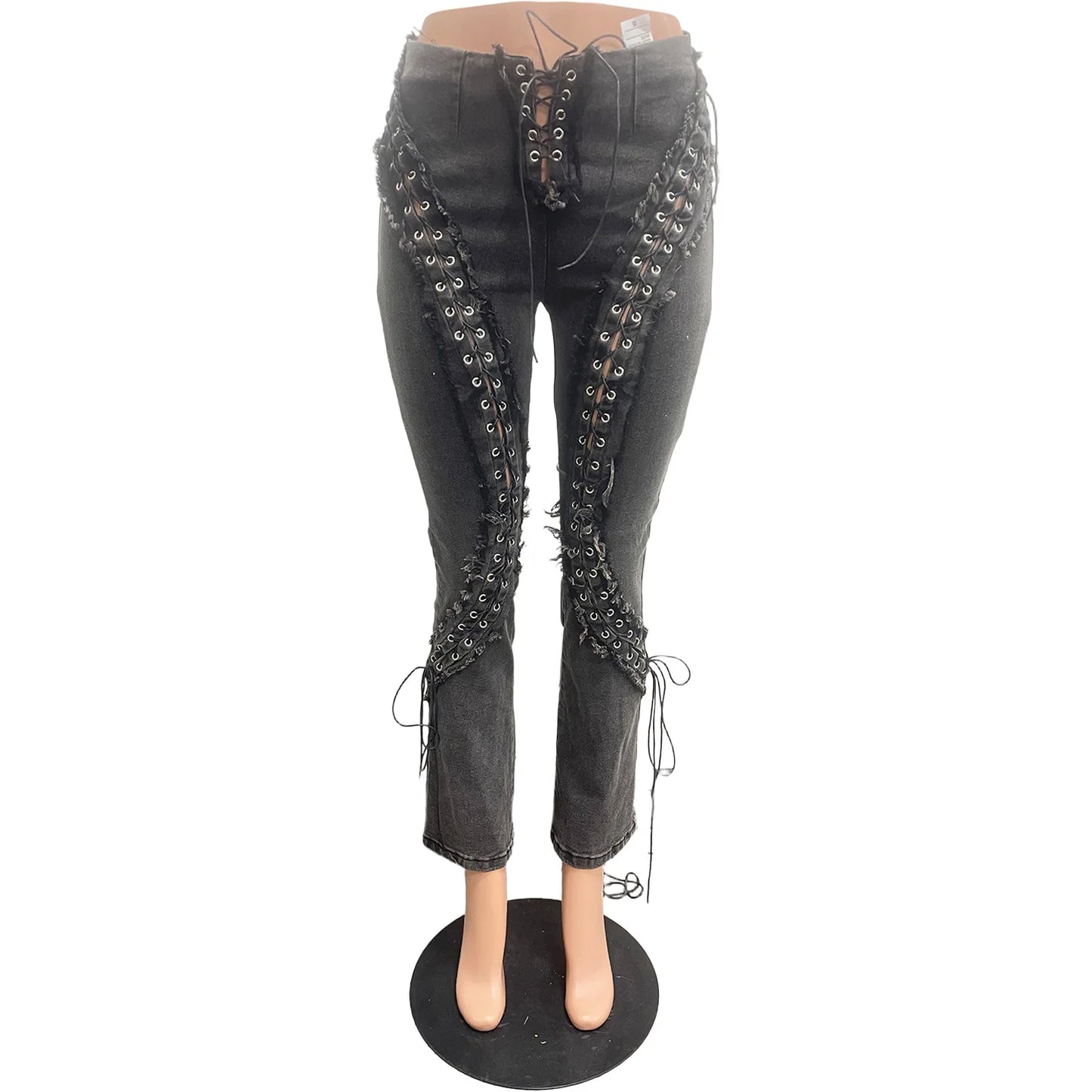 Pantalones acampanados con cordones y ojales retro – Estilo urbano Y2K Punk