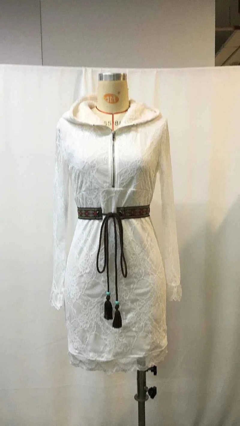 Women's Lace Half-Zip Hooded Midi Dress