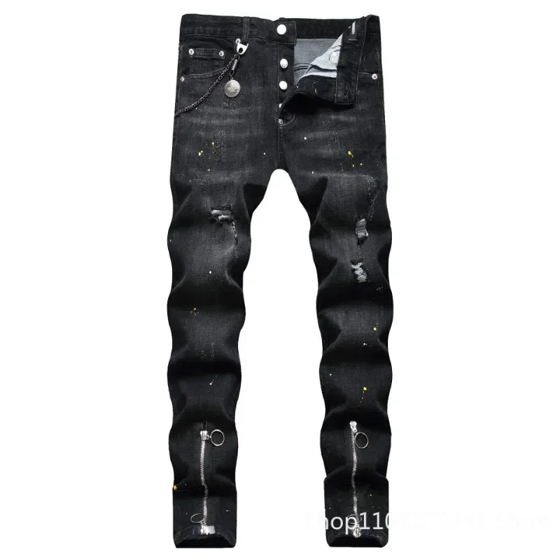 Pantalones vaqueros rotos negros para hombre, estilo italiano de calle, agujeros, pantalones de mezclilla de alta calidad para hombre, corte ajustado, talla 38