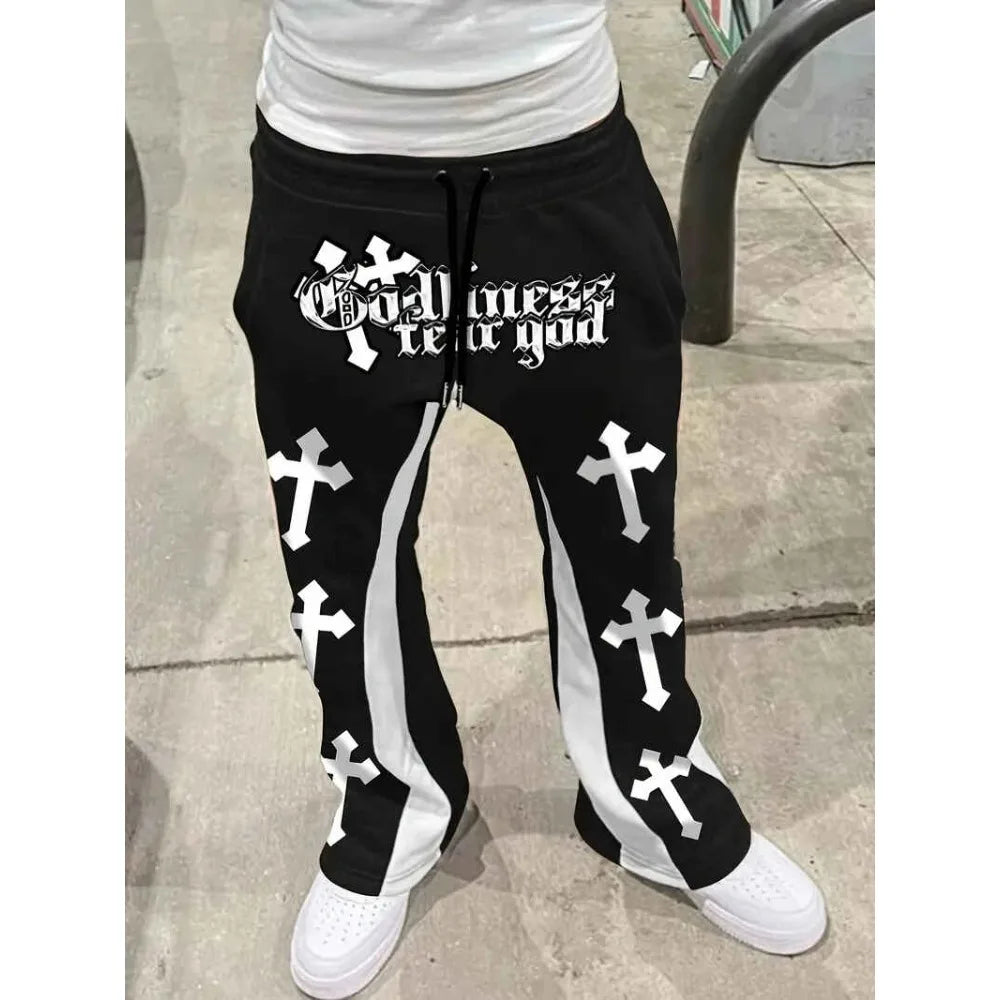 Men's Cross Print Color Block Flare Sweatpants