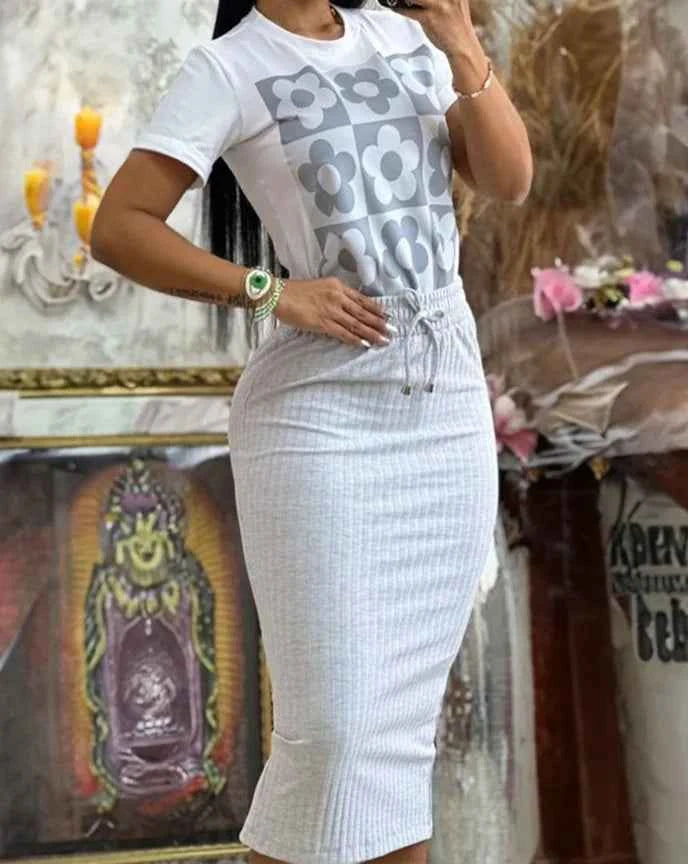 Printed Top & Midi Skirt Set (Women’s Casual Elegant 2-Piece Outfit)
