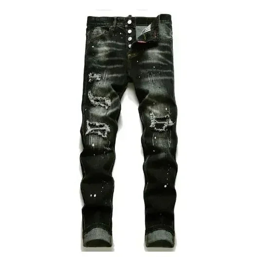 Pantalones vaqueros rotos negros para hombre, estilo italiano de calle, agujeros, pantalones de mezclilla de alta calidad para hombre, corte ajustado, talla 38