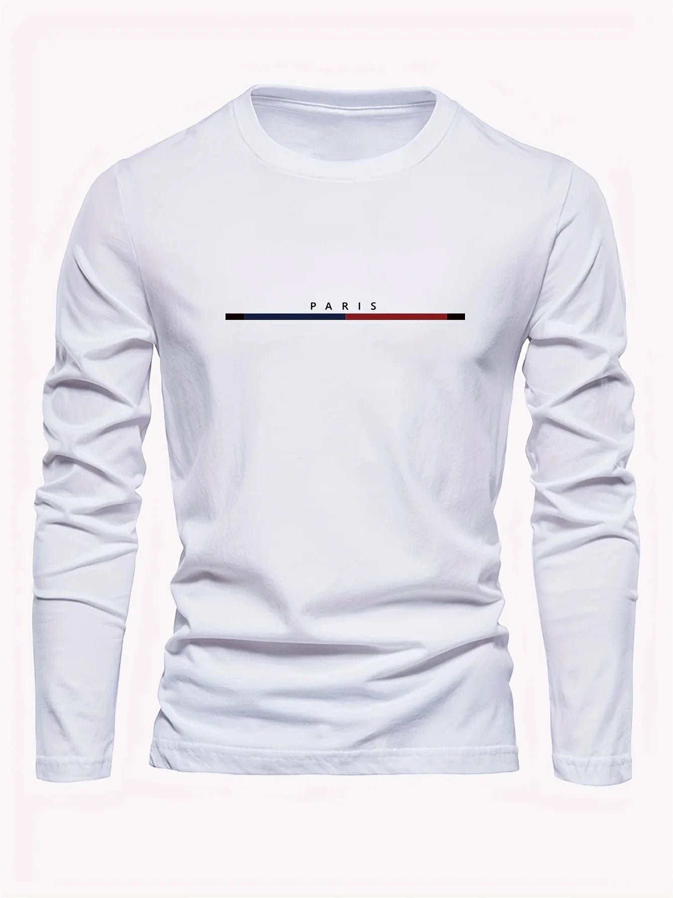 Camiseta de manga larga estampada con letras de París para hombre - 100% algodón, informal y cómoda