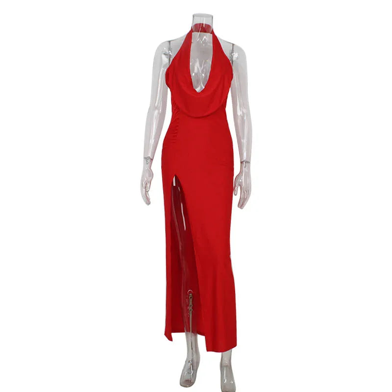 Vestido maxi ajustado sin espalda con abertura alta (vestido de fiesta de mujer sin mangas con cuello oscilante)