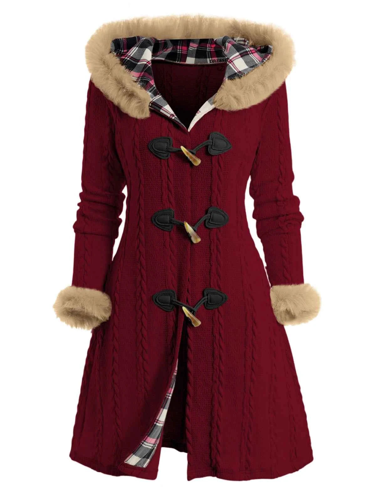 Dressfo Women’s Hooded Cable Knit Coat – Winter Plaid & Faux Fur Panel