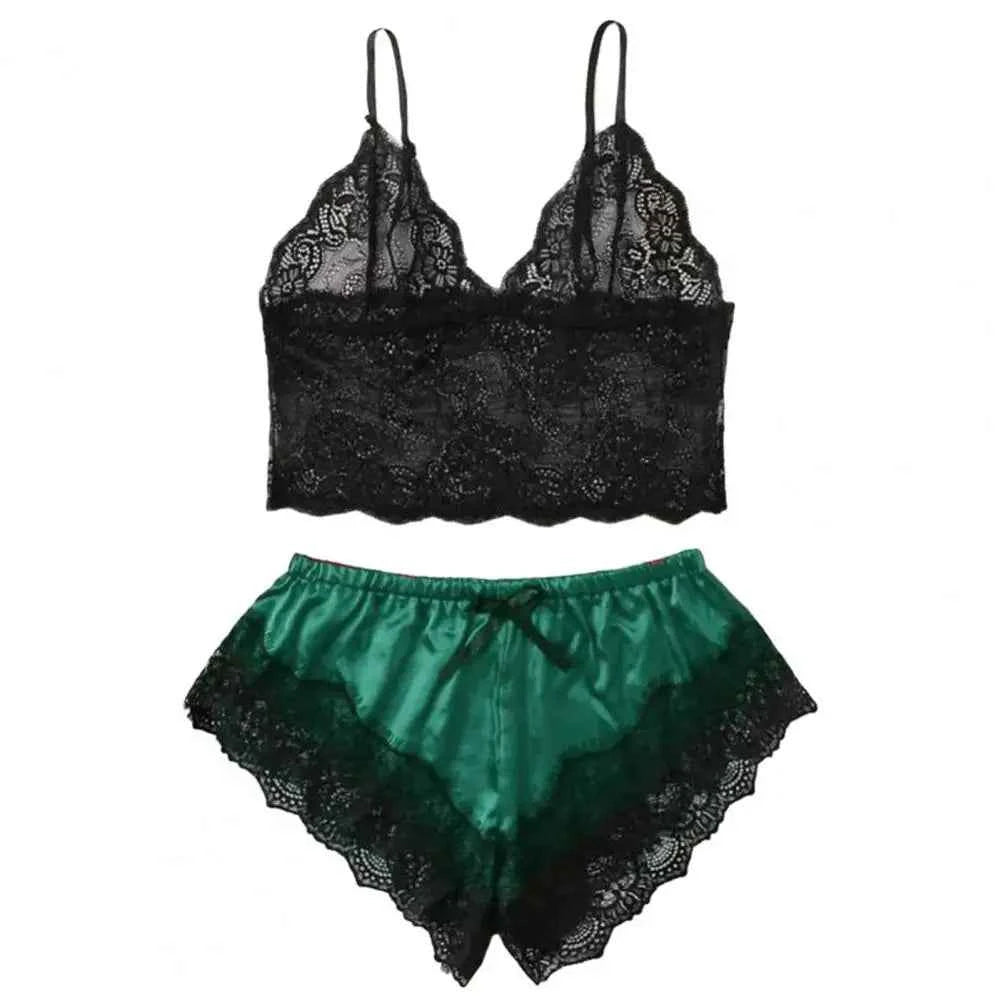 Lace Trim Satin Sleepwear Set (Women’s Camisole & Shorts Pajama Set)
