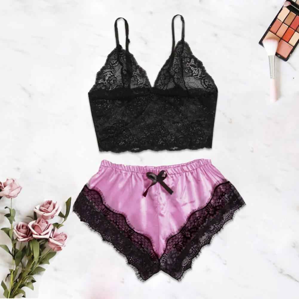 Lace Trim Satin Sleepwear Set (Women’s Camisole & Shorts Pajama Set)