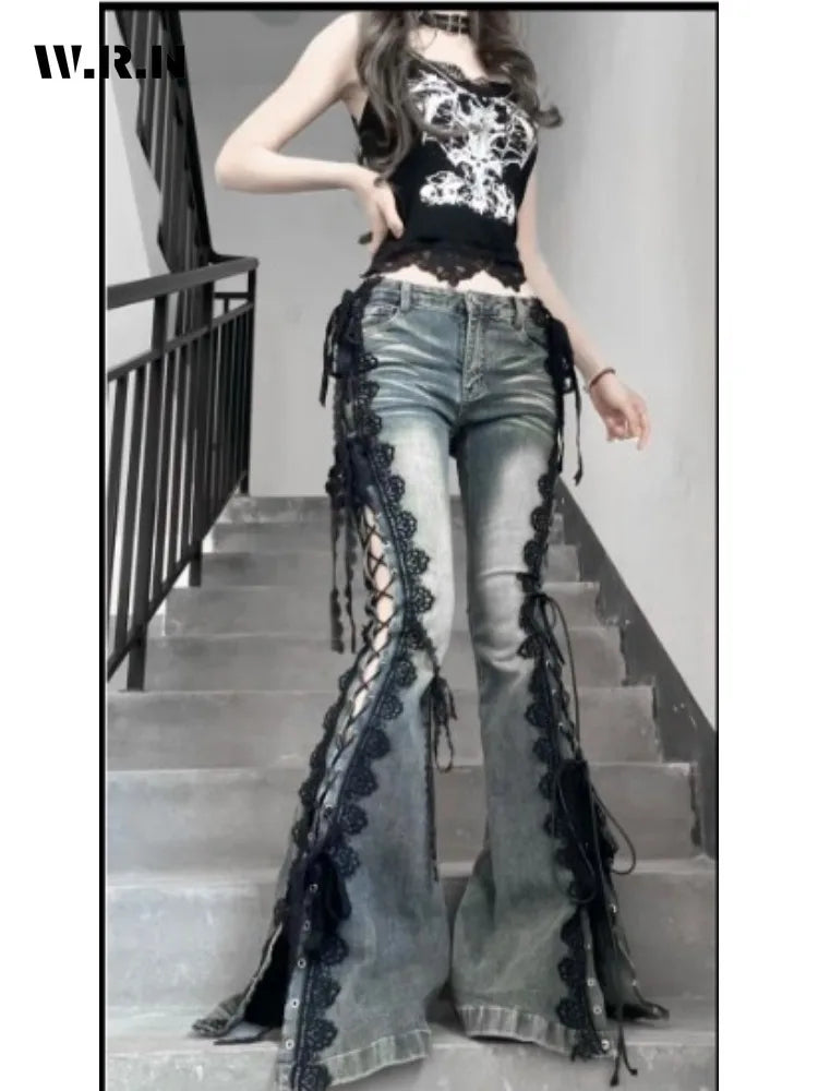 Vaqueros acampanados con cordones Y2K para mujer | Estilo urbano retro de tiro alto y pierna ancha