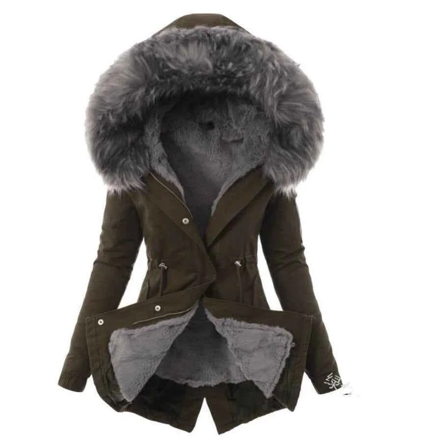 Women’s Slim Fit Hooded Fur Collar Jacket – Winter Office Style (8 Colors)