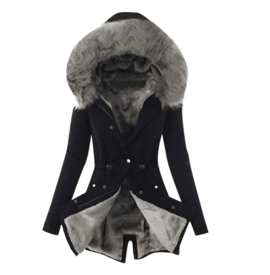 Women’s Slim Fit Hooded Fur Collar Jacket – Winter Office Style (8 Colors)