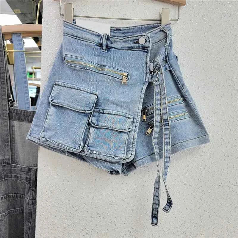 High-Waist Asymmetrical Denim Skort (Women’s Y2K Cargo Shorts Skirt)