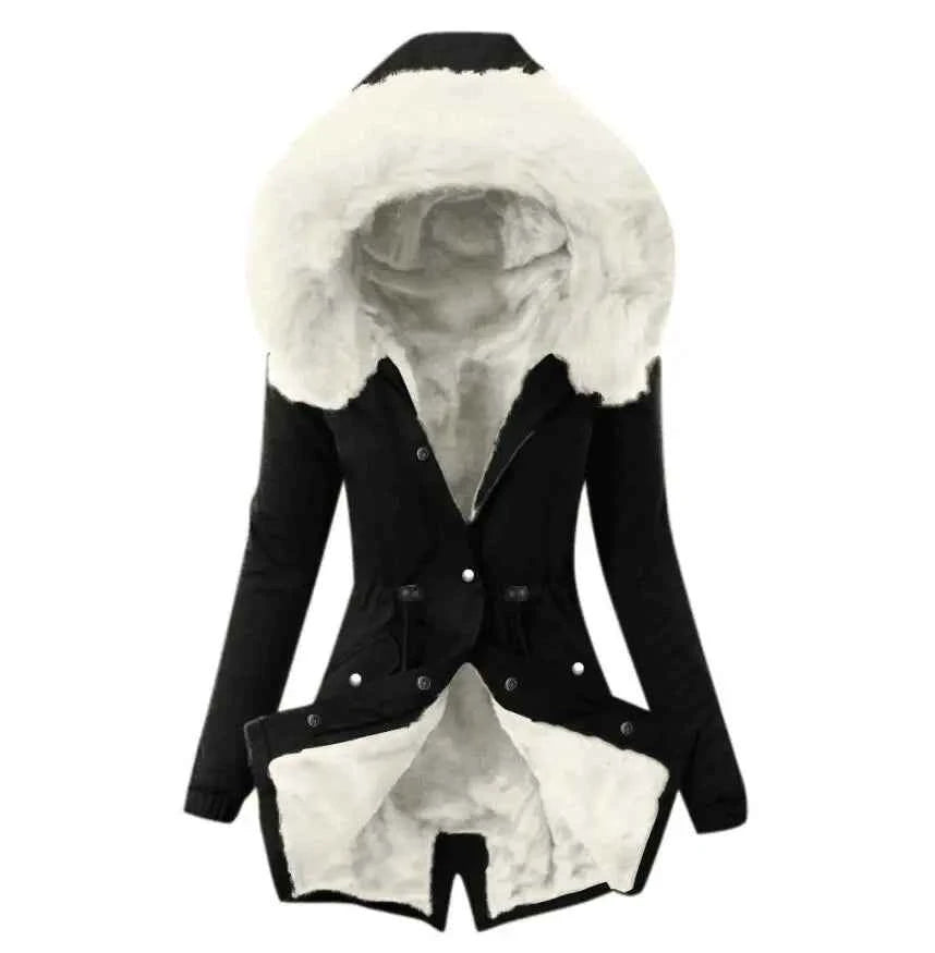 Women’s Slim Fit Hooded Fur Collar Jacket – Winter Office Style (8 Colors)