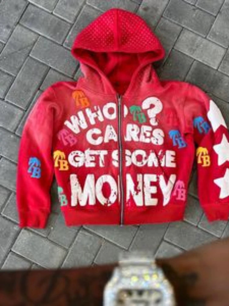 Sudadera con capucha y cremallera con diseño de letras | Chaqueta casual oversize retro unisex