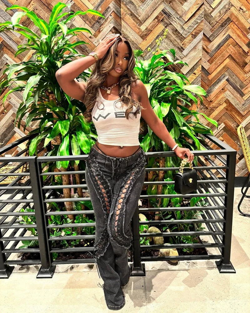 Pantalones acampanados con cordones y ojales retro – Estilo urbano Y2K Punk