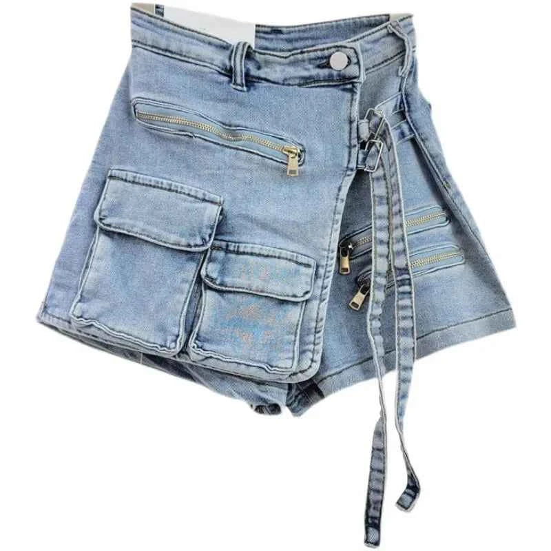 High-Waist Asymmetrical Denim Skort (Women’s Y2K Cargo Shorts Skirt)