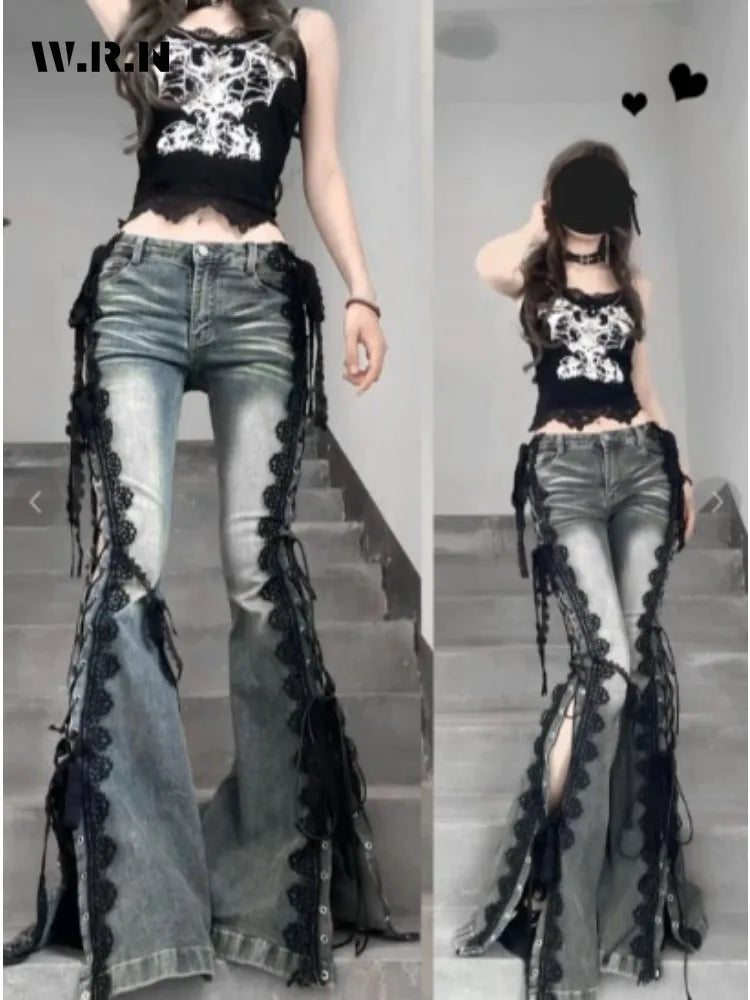 Vaqueros acampanados con cordones Y2K para mujer | Estilo urbano retro de tiro alto y pierna ancha