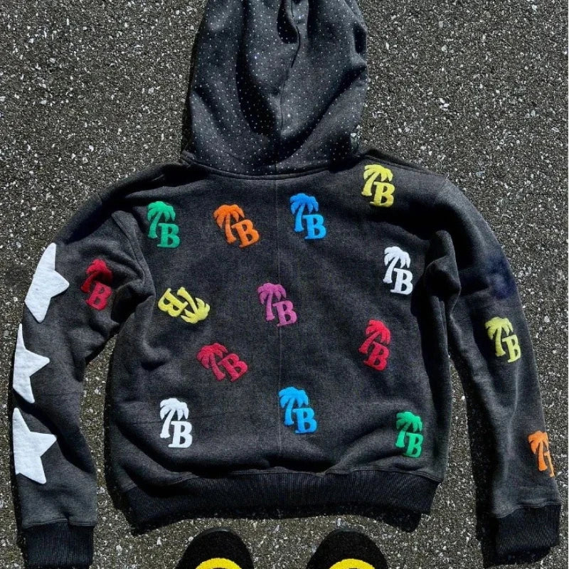 Sudadera con capucha y cremallera con diseño de letras | Chaqueta casual oversize retro unisex