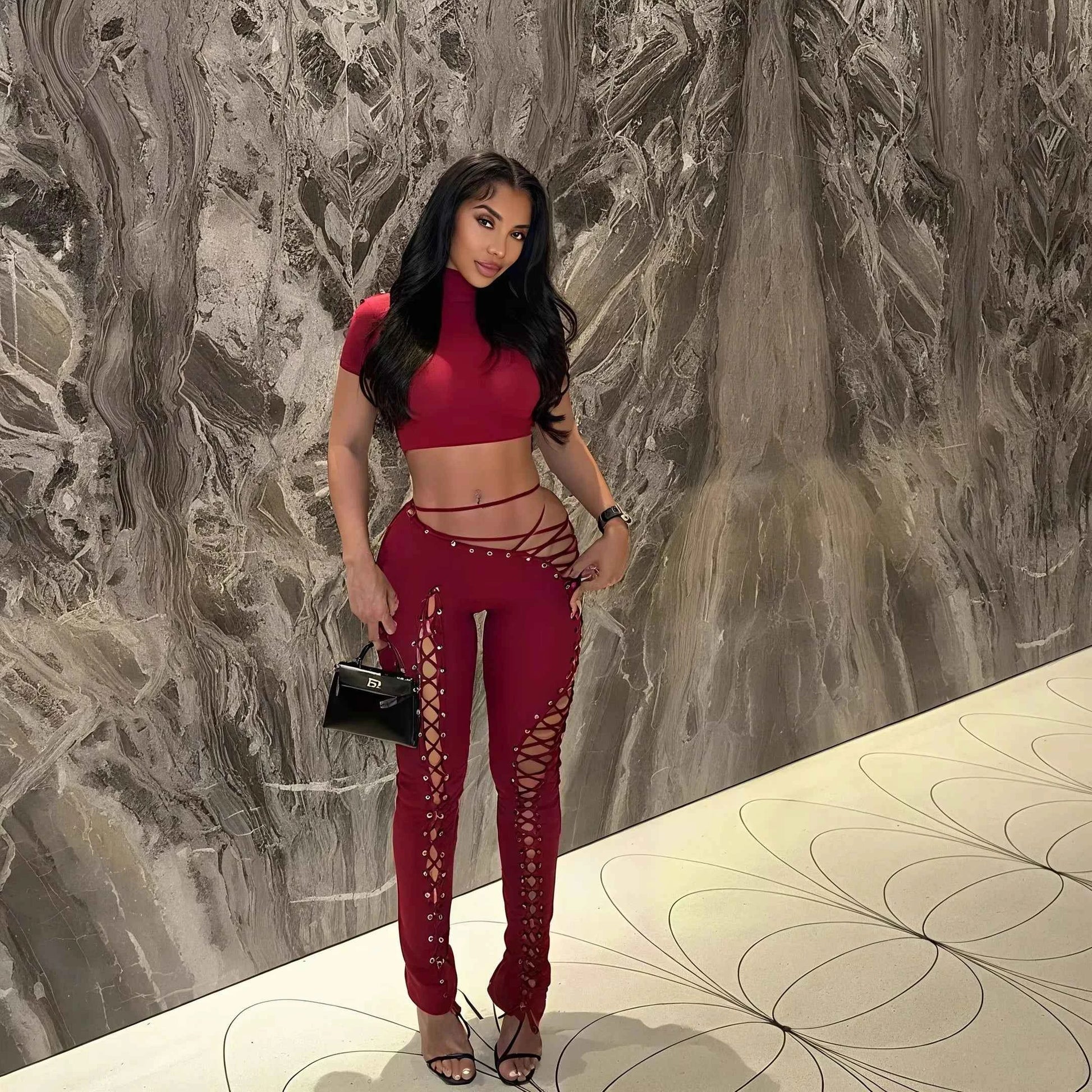 Halter Knit 2-Piece Set (Women’s Sleeveless Top & Hollow Detail Pants)